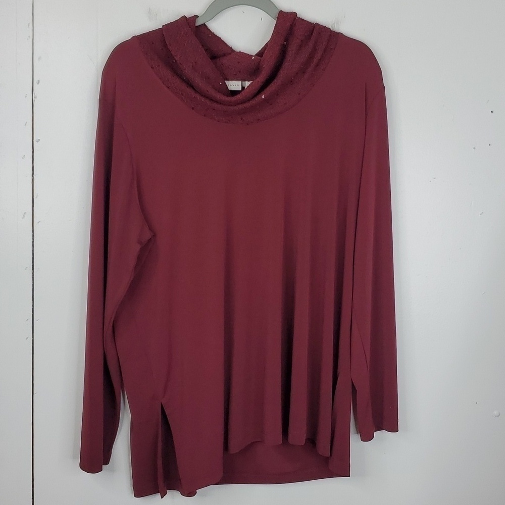 Susan Graver Cowl Neck Sweater Sequin Liquid Knit Mixed Media Deep Red Women XLP